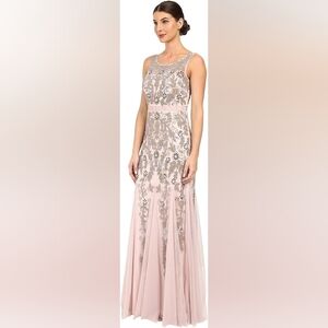 Adrianna Papell Sleeveless Illusion Yoke Formal Gown, Icy Lilac, Beaded, Sz 10